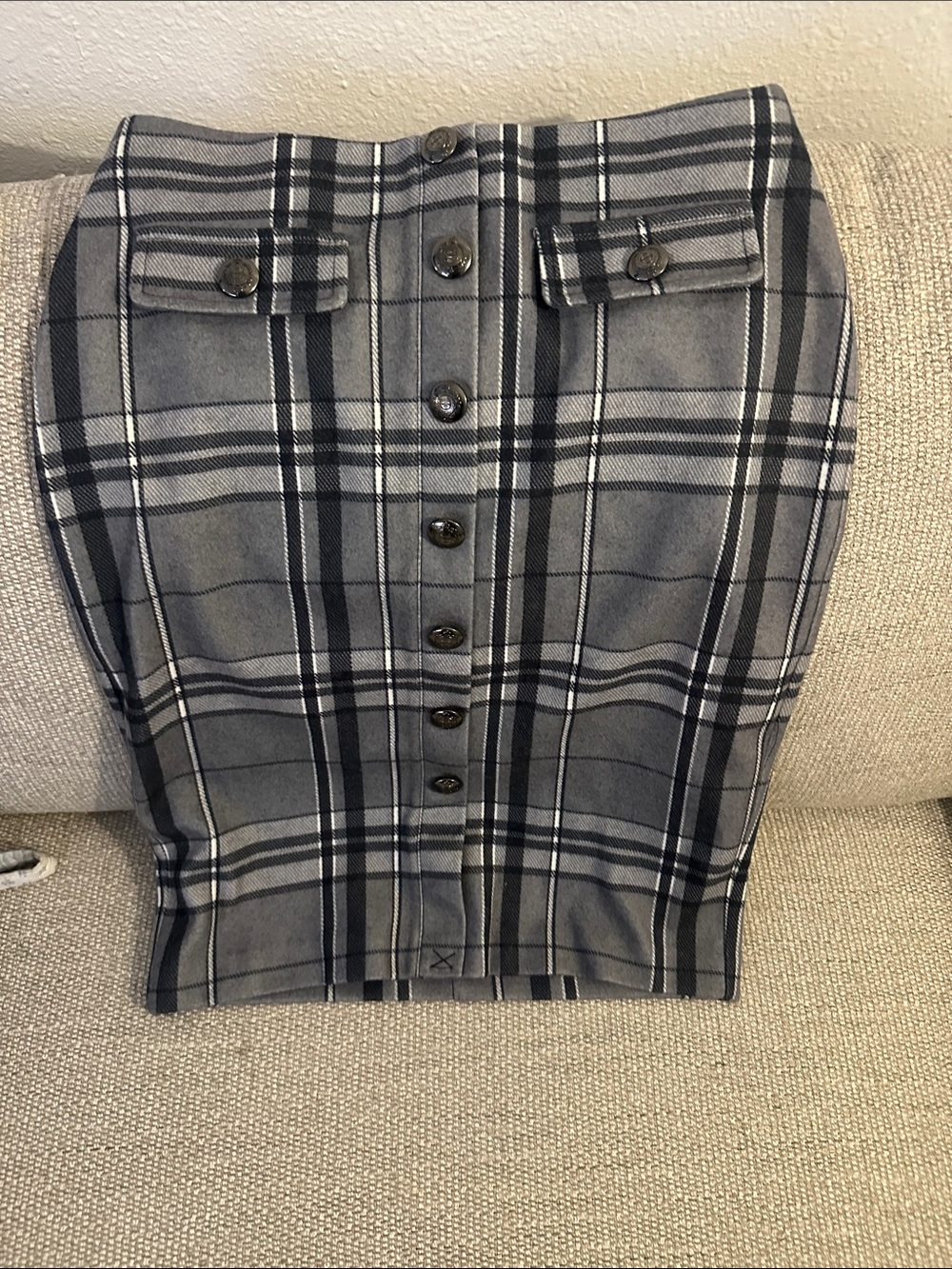 High-Waist Gray Plaid Button-Front Pencil Skirt